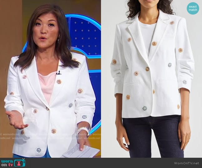 Cinq a Sept Khloe Ditsy Dots Denim Blazer worn by Juju Chang on Good Morning America