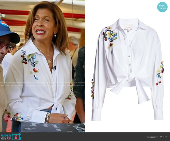 Cinq a Sept Marianna Sequin Flower Tie Front Top worn by Hoda Kotb on Today