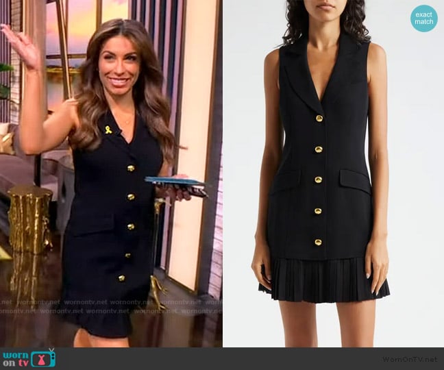 Alyssa’s black mini dress with gold buttons on The View