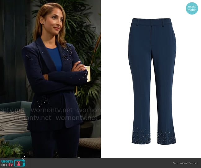 Cinq a Sept Rhinestone Crackle Crop Flare Pants in Peacock Blue worn by Lily Winters (Christel Khalil) on The Young and the Restless