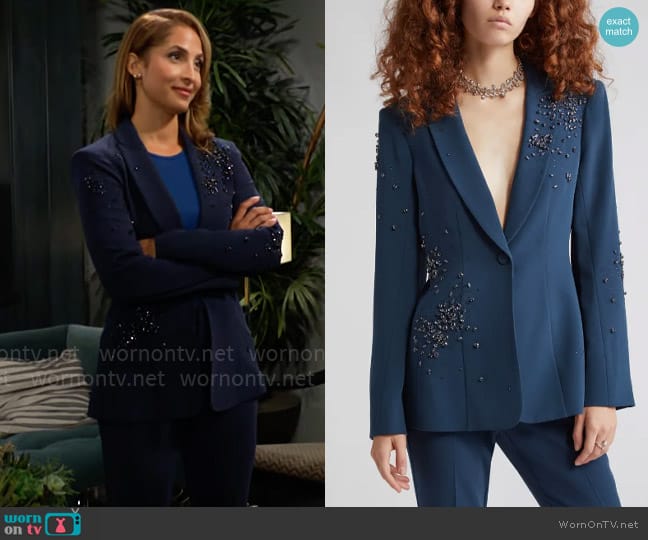 Cinq a Sept Cheyenne Rhinestone Embellished Blazer in Peacock Blue worn by Lily Winters (Christel Khalil) on The Young and the Restless