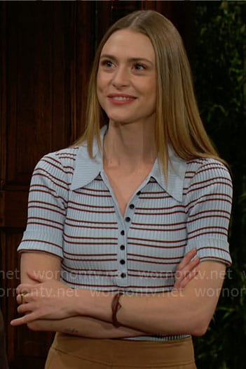 Claire's blue striped polo top on The Young and the Restless