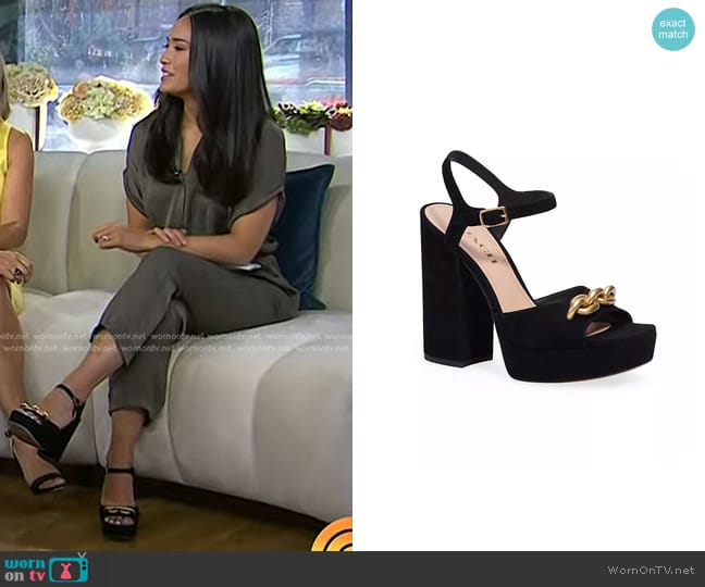 Coach Nicolette 120MM Suede Platform Sandals in Black worn by Emilie Ikeda on Today