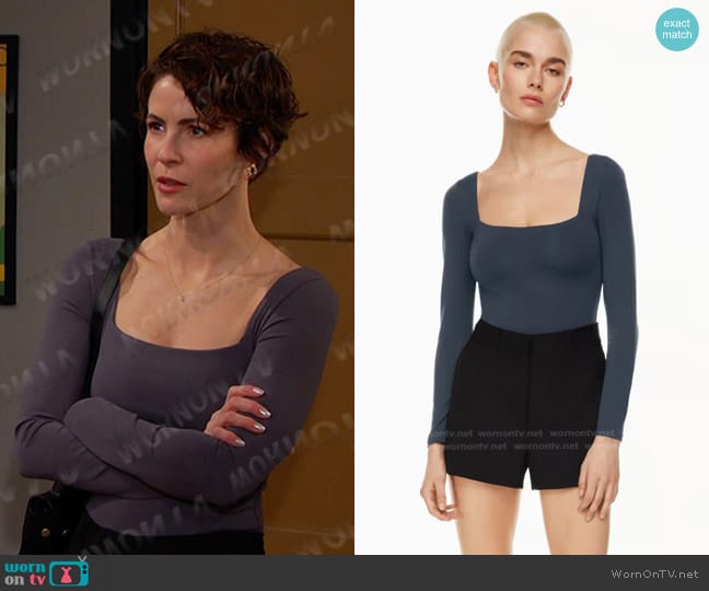 Contour Cheeky Long-sleeve Bodysuit in Total Eclipse worn by Sarah Horton (Linsey Godfrey) on Days of our Lives