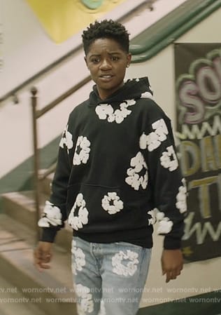 Coop's black floral print hoodie and jeans on All American