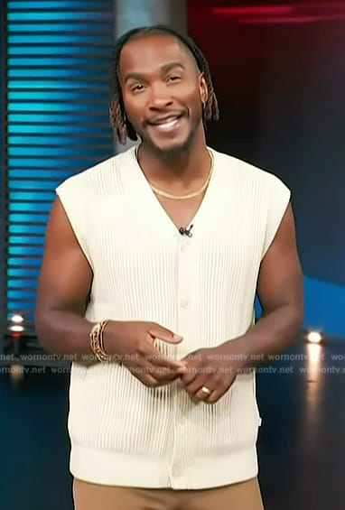 Scott’s beige knit button front vest on Access Hollywood