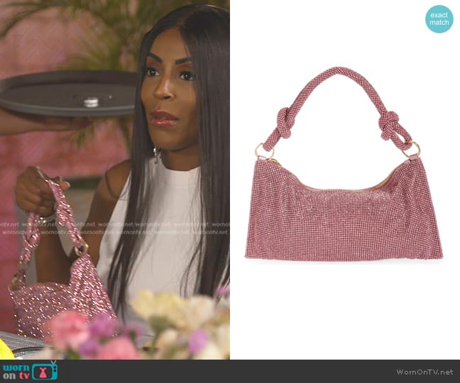 Cult Gaia Hera Nano Rhinestone Shoulder Bag in Shell Pink worn by Caroline Brooks (Caroline Brooks) on The Real Housewives of Dubai