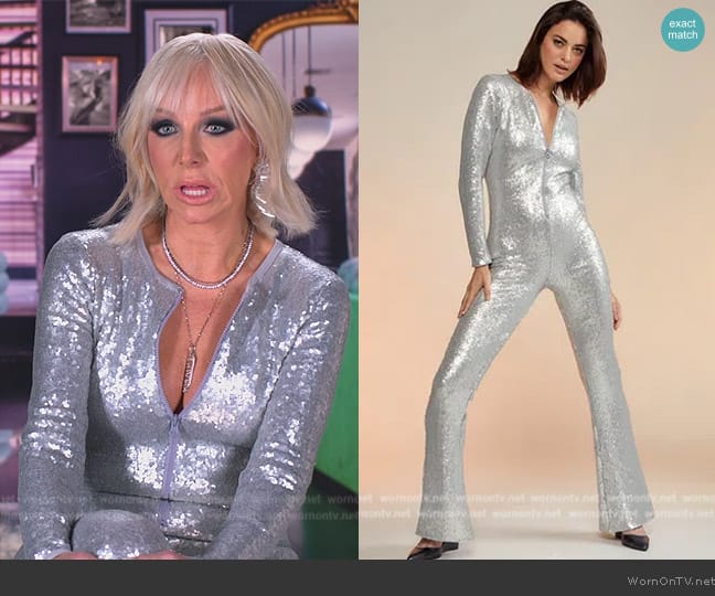 Cynthia Rowley Silver Sequin Jumpsuitwith front zipper worn by Margaret Josephs on The Real Housewives of New Jersey