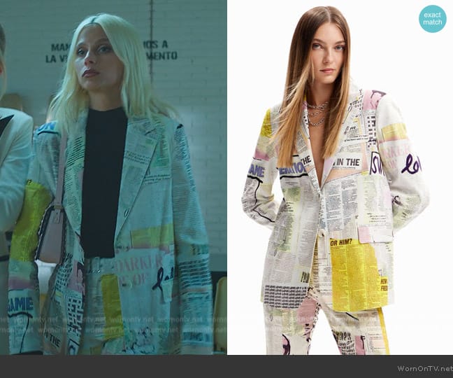 Desigual Newspaper collage blazer and pants worn by Isadora Artinan (Valentina Zenere) on Elite