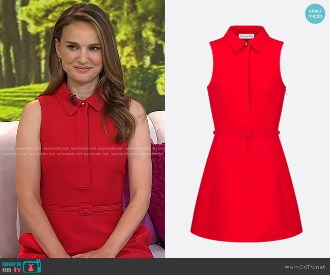 Dior Short Belted Dress in Red Wool and Silk worn by Natalie Portman on Today