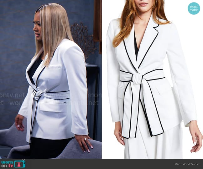 DKNY Contrast Trim Linen Belted Jacket worn by Fatima (Crystal Hayslett) on Tyler Perrys Sistas