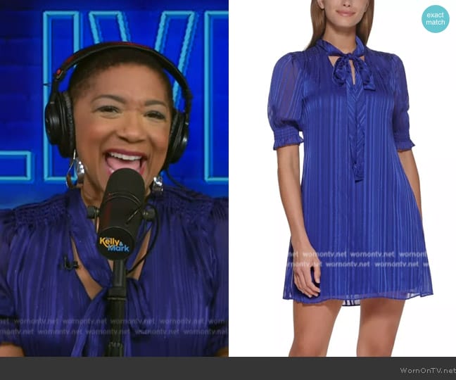 DKNY Metallic Stripe Puff-Sleeve Shift Dress worn by Deja Vu on Live with Kelly and Mark