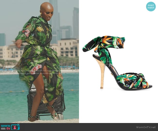 Dolce & Gabbana Jungle Print Satin Sandals in Green worn by Chanel Ayan (Chanel Ayan) on The Real Housewives of Dubai