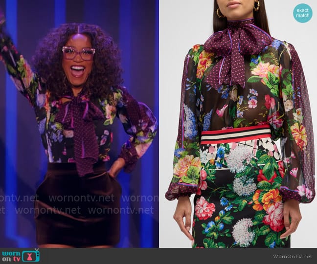 Dolce & Gabbana Floral Polka-Dot Print Neck-Scarf Chiffon Blouse worn by Keke Palmer on Password