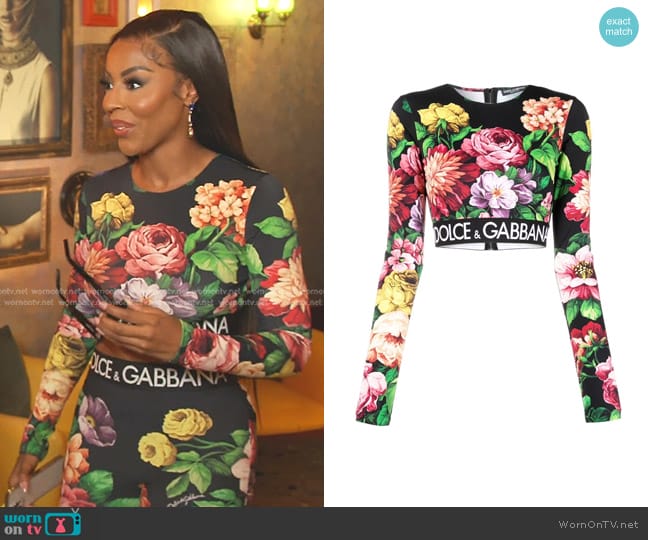 Dolce & Gabbana Floral Long-Sleeve Branded Crop Top worn by Caroline Brooks (Caroline Brooks) on The Real Housewives of Dubai