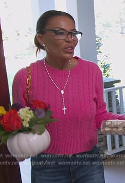 Dolores's pink cable knit sweater on The Real Housewives of New Jersey