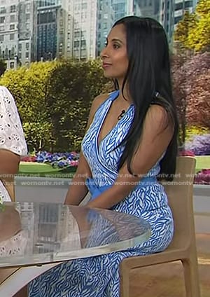 Dr. Roshini Rajapaksa’s blue printed sleeveless wrap dress on Today