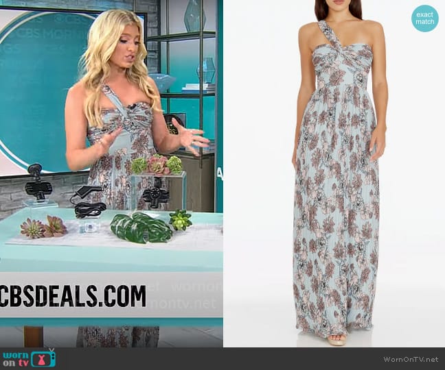 Dress the Population Idalia Floral One-Shoulder Gown in Sage Multi worn by Ashley Bellman on CBS Mornings