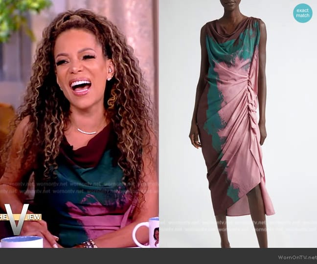 Dries Van Noten Dinam Placed Brushstroke Print Stretch Silk Georgette Midi Dress worn by Sunny Hostin on The View