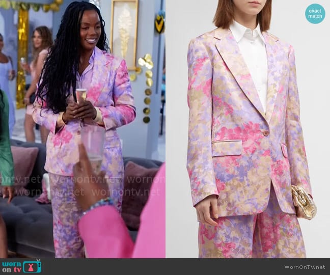 Dries van Noten Loose-Fit Floral Print Blazer Jacket worn by Sabrina Hollins (Novi Brown) on Tyler Perrys Sistas