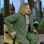 Dylan Sprouse’s green two-tone jacket and pants on Live with Kelly and Mark