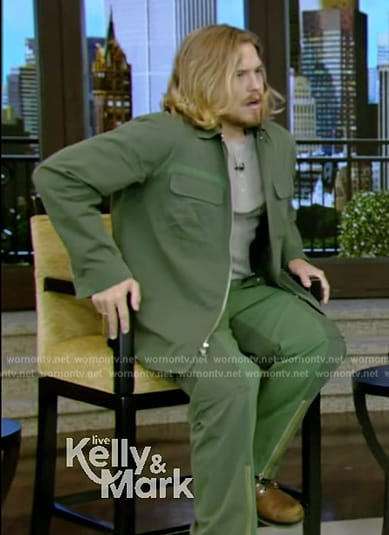 Dylan Sprouse’s green two-tone jacket and pants on Live with Kelly and Mark