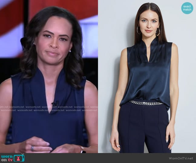 Elie Tahari Silk Satin Contour Shirt in Stargazer worn by Linsey Davis on Good Morning America