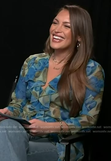 Emily Orozco’s blue floral print blouse on Access Hollywood