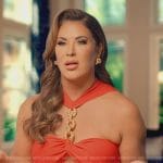 Emily’s red chain detail confessional dress on The Real Housewives of Orange County