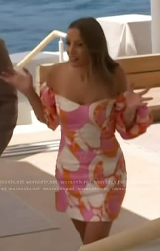 Emily Orozco's floral print off shoulder dress on Access Hollywood