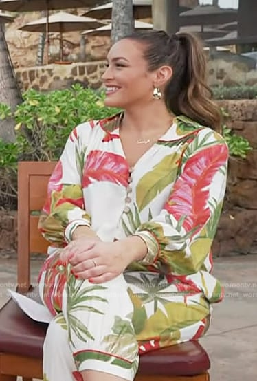 Emily's white leaf print jumpsuit on Access Hollywood