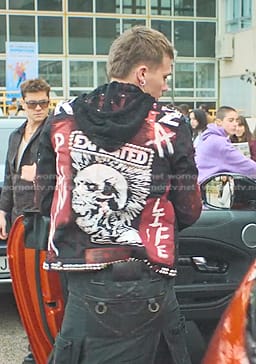 Eric's black printed studded jacket on Elite