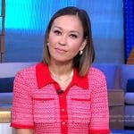 Eva’s red short sleeve cardigan on Good Morning America