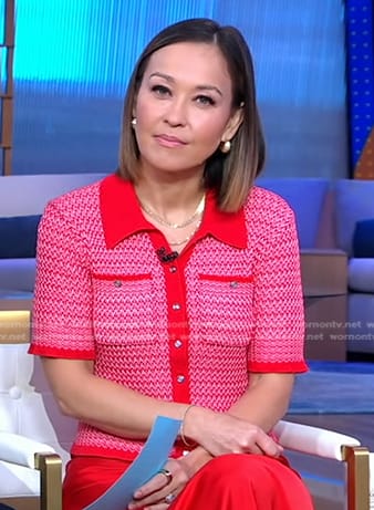 Eva's red short sleeve cardigan on Good Morning America