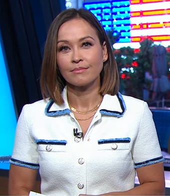 Eva’s white contrast denim trim dress on Good Morning America