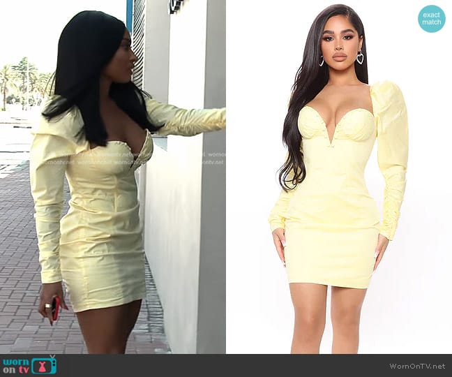 Fashion Nova Must Have Puff Sleeve Mini Dress in Yellow worn by Lesa Milan (Lesa Milan) on The Real Housewives of Dubai