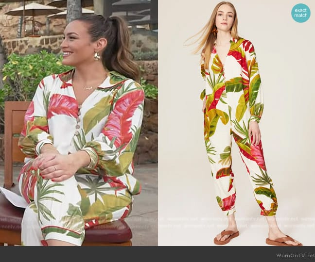 Farm Rio Spring Forest Jumpsuit worn by Emily Orozco on Access Hollywood