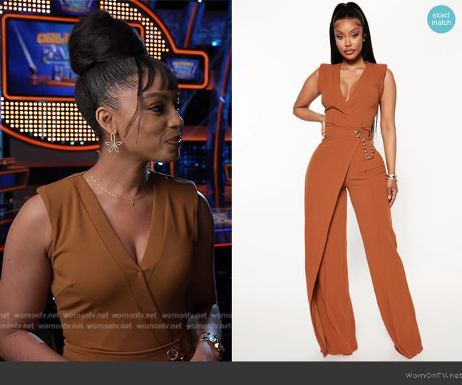 Fashion Nova Need A Date Jumpsuit - Cognac worn by Francesca Amiker on E! News