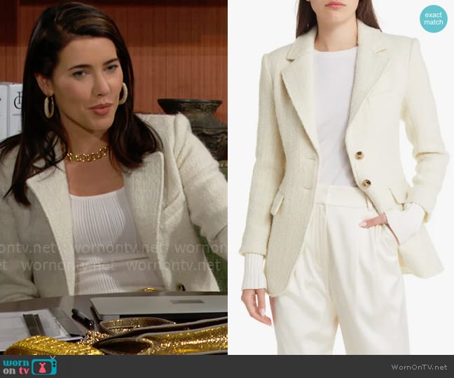 Favorite Daughter The City Layered Tweed Blazer in White Boucle worn by Steffy Forrester (Jacqueline MacInnes Wood) on The Bold and the Beautiful