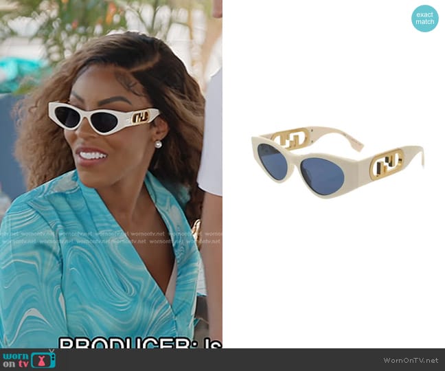 Fendi Maxi O'Lock 54MM Cat-Eye Sunglasses in Ivory Blue worn by Caroline Brooks (Caroline Brooks) on The Real Housewives of Dubai