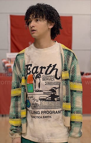 Finn's Earth graphic tee and plaid cardigan on UnPrisoned