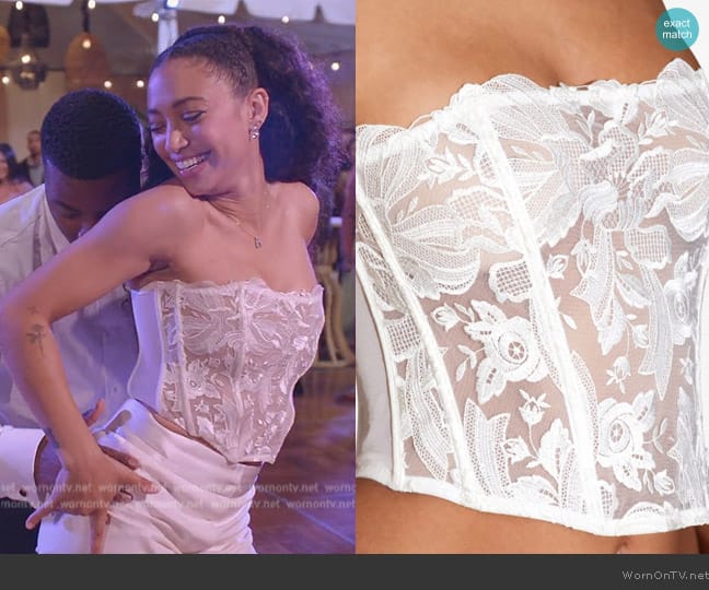 Fleur Du Mal Floral-lace corset top worn by Olivia Baker (Samantha Logan) on All American