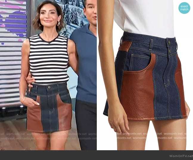 Frame Atelier Denim & Leather Mini Skirt worn by Courtney Lopez on Access Hollywood