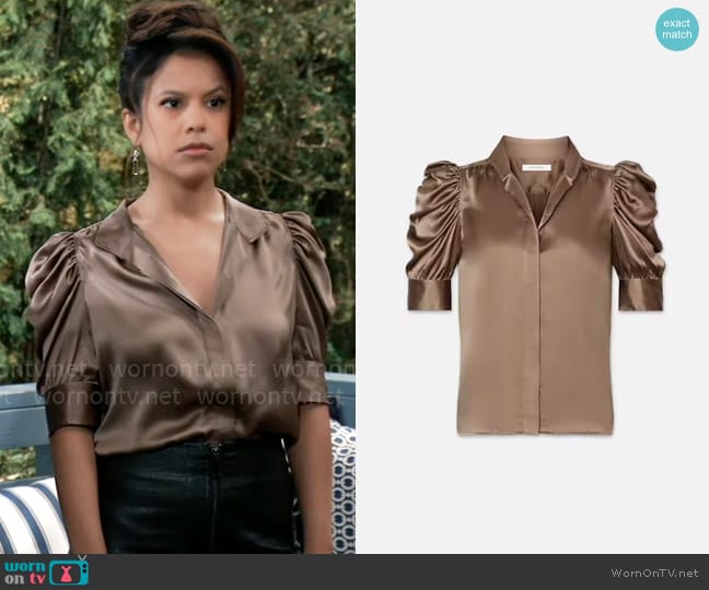 Frame Gillian Top in Earth worn by Alison 'Blaze' Rogers (Jacqueline Grace Lopez) on General Hospital