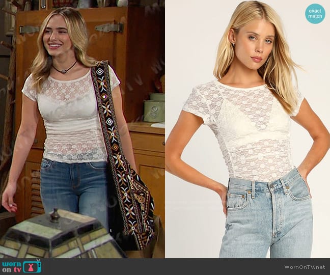 Free People Keep It Simple Ivory Lace Baby Tee in Ivory worn by Holly Jonas (Ashley Puzemis) on Days of our Lives