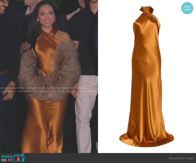 Galvan Pandora Satin Gown in Brandy worn by Jenn Tran on The Bachelorette