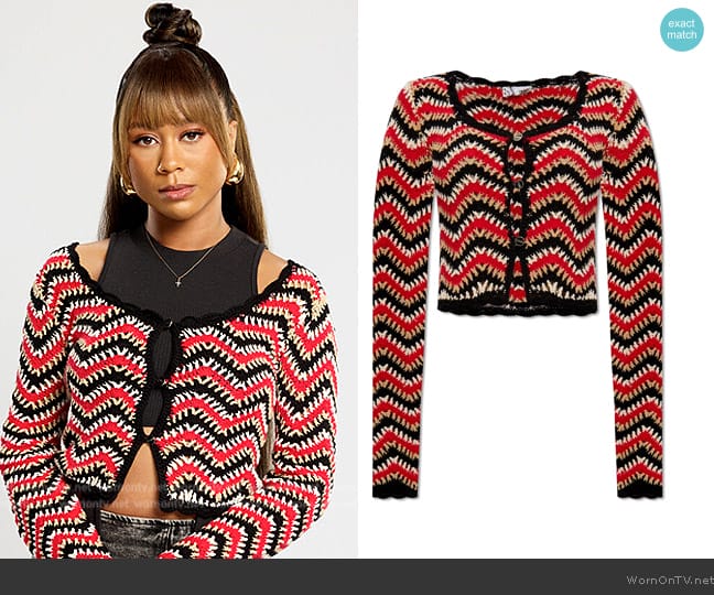 Ganni Crochet cropped cotton cardigan worn by Keisha (Netta Walker) on All American Homecoming