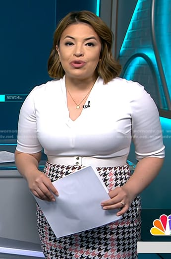 Gilma Avalos's white houndstooth sheath dress on NBC News Daily