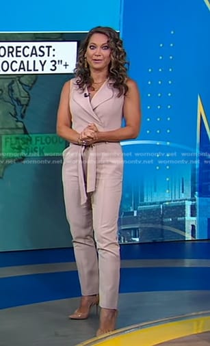 Ginger's beige sleeveless wrap jumpsuit on Good Morning America