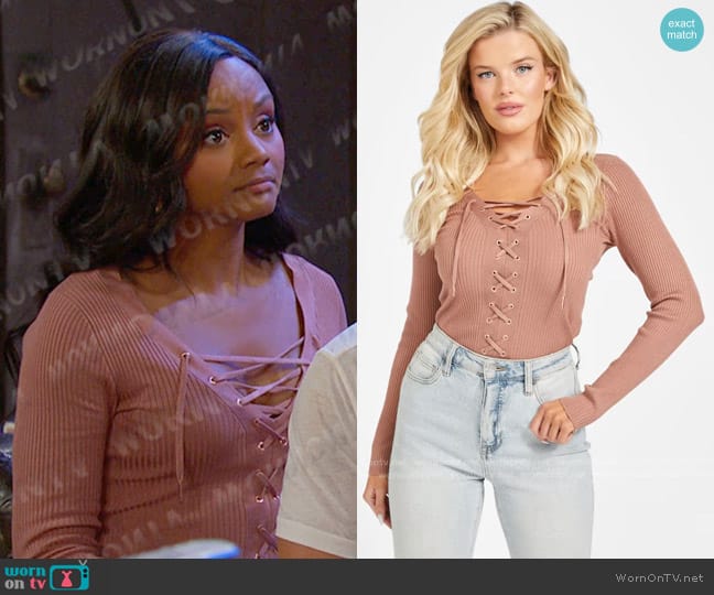 Guess Cody Lace-Up Sweater in Pink worn by Chanel Dupree (Raven Bowens) on Days of our Lives